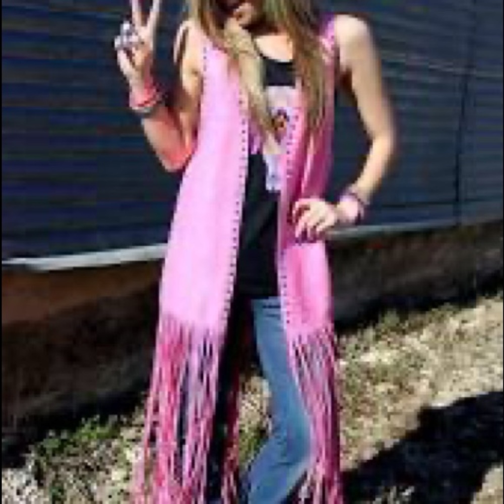 💗Crazy train💗 Pink fringe vest duster